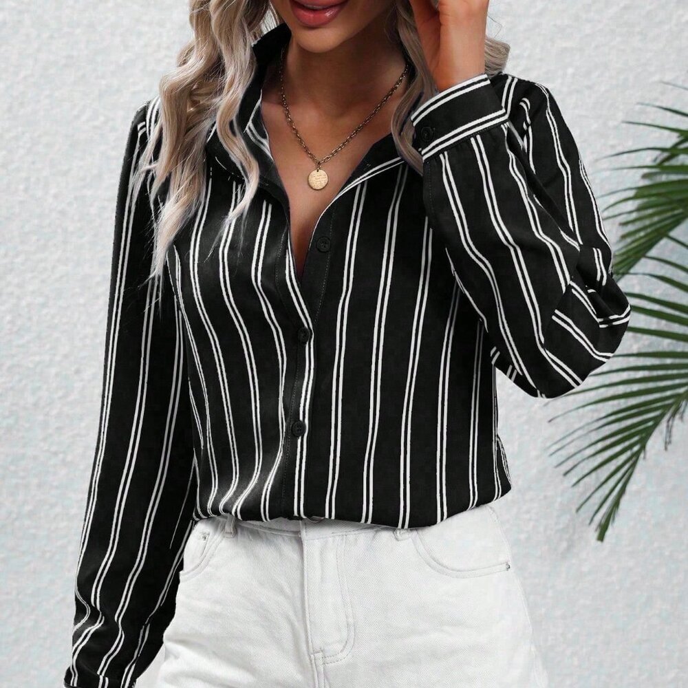 Black Casual Women's Striped Print Button Front Shirt - Picture 6 of 6